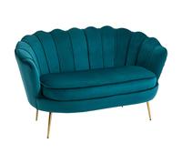 Canapé 2 places design coquillage pieds dorés velours bleu canard