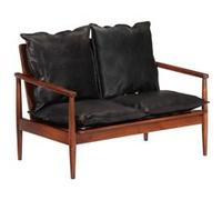 Canapé 2 places noir cuir véritable et bois d acacia solide