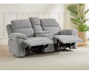 Canapé 2 places relax électrique avec tablette en tissu chiné gris KELUNO