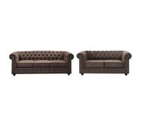 Canapé 3 et 2 places CHESTERFIELD en microfibre aspect cuir vieilli