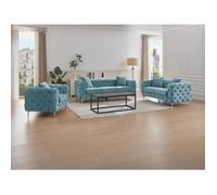 Canapé 3 places, 2 places et fauteuil chesterfield en velours bleu pastel EDWINA