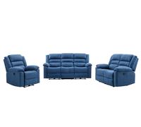 Canapé 3 places, 2 places et fauteuil relax électrique en tissu bleu BUROLO
