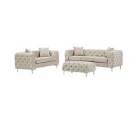Canapé 3 places, 2 places et pouf chesterfield en velours beige EDWINA