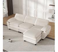 Canapé 3 Places avec Coussins - Canapé d'angle Convertible avec Pouf Démodable - Canape Velours Cotele - Canape Modulable Blanc