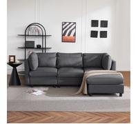 Canape 3 Places avec Pouf - Canapé d'angle Convertible Réversible et modulable - Tissu en Lin - pour Salon - Gris - 220 x 83 x 81cm