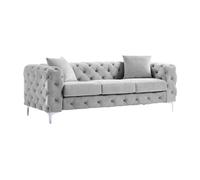 Canapé 3 places chesterfield en velours gris clair EDWINA