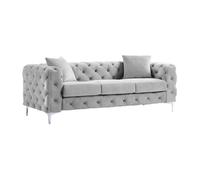 Canapé 3 places chesterfield en velours gris clair EDWINA