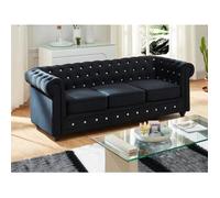 Canapé 3 places CHESTERFIELD - velours noir et boutons effet cristal