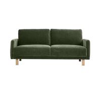Canapé design 3 places en tissu effet velours vert kaki et bois clair BONO