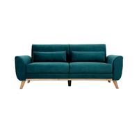 Canapé scandinave 3 places en tissu velours bleu pétrole et bois clair EKTOR