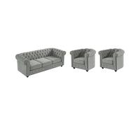 Canapé 3 places et 2 fauteuils CHESTERFIELD - Velours gris clair