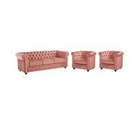 Canapé 3 places et 2 fauteuils CHESTERFIELD - Velours rose pastel