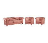 Canapé 3 places et 2 fauteuils CHESTERFIELD - Velours rose pastel