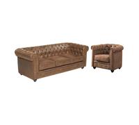 Canapé 3 places et fauteuil CHESTERFIELD en microfibre aspect cuir vieilli Marron