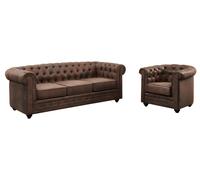 Canapé 3 places et fauteuil CHESTERFIELD en microfibre aspect cuir vieilli Marron