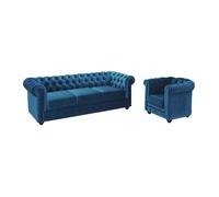 Canapé 3 places et fauteuil CHESTERFIELD - Velours bleu canard