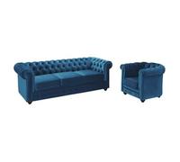 Canapé 3 places et fauteuil CHESTERFIELD - Velours bleu canard