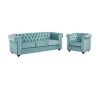 Canapé 3 places et fauteuil CHESTERFIELD - Velours bleu pastel