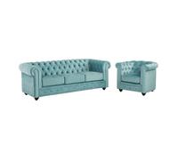 Canapé 3 places et fauteuil CHESTERFIELD - Velours bleu pastel