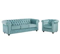 Canapé 3 places et fauteuil CHESTERFIELD - Velours bleu pastel
