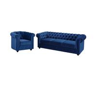 Canapé 3 places et fauteuil CHESTERFIELD - Velours bleu roi