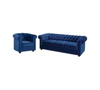 Canapé 3 places et fauteuil CHESTERFIELD - Velours bleu roi