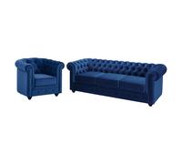 Canapé 3 places et fauteuil CHESTERFIELD - Velours bleu roi