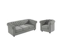 Vente-unique - Canapé 3 Places et Fauteuil Chesterfield - Velours Gris Clair