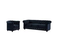 Canapé 3 places et fauteuil CHESTERFIELD - velours noir et boutons effet cristal
