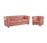 Canapé 3 places et fauteuil CHESTERFIELD - Velours rose pastel