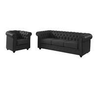 Canapé 3 places et fauteuil en cuir de buffle CHESTERFIELD - Noir