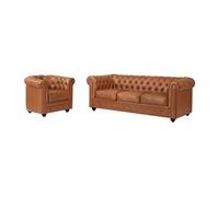 Canapé 3 places et fauteuil en cuir de vachette camel CHESTERFIELD