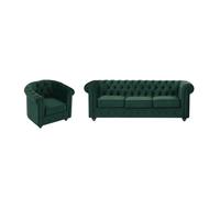 Canapé 3 places et fauteuil en velours vert CHESTERFIELD