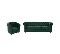Canapé 3 places et fauteuil en velours vert CHESTERFIELD