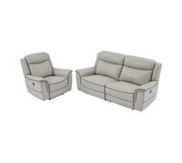 Canapé 3 places et fauteuil relax électrique en cuir gris clair ADELIO