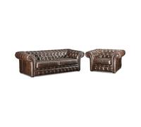 Vente-unique - Canapé 3 Places et Un Fauteuil 100% Cuir Vieilli Chesterfield CLOTAIRE