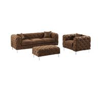 Canapé 3 places, fauteuil et pouf chesterfield en microfibre aspect cuir vieilli EDWINA