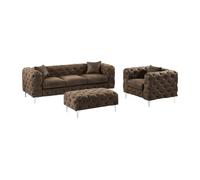 Canapé 3 places, fauteuil et pouf chesterfield en microfibre aspect cuir vieilli EDWINA
