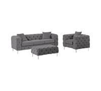 Canapé 3 places, fauteuil et pouf chesterfield en velours anthracite EDWINA