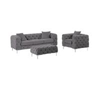 Canapé 3 places, fauteuil et pouf chesterfield en velours anthracite EDWINA