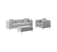 Canapé 3 places, fauteuil et pouf chesterfield en velours gris clair EDWINA