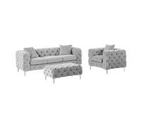 Canapé 3 places, fauteuil et pouf chesterfield en velours gris clair EDWINA