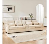 Canapé 4 places,canapé de salon beige,canapé 4 places en tissu lin avec console,canapé avec 2 porte-gobelets,avec 2 ports USB pour recharge par câble,avec poches sur les accoudoirs et 4 coussins