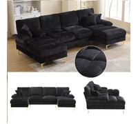 Canapé 4 Places en chenille-en forme de U- Canapé sectionnel moderne-avec deux sièges inclinables-Noir