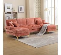 Canapé 4 Places en Forme de U, Canapé sectionnel Moderne avec Deux sièges inclinables, Fauteuil rembourré avec 4 Grands Coussins Dossier et 2 Petits Coussins décoratifs pour Salon (Chenille,Rose)