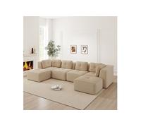 Canapé 4 places panoramique modulable, en velours côtelé, avec 2 pouf, 386x177x69cm, Beige
