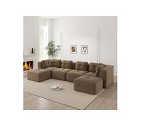 Canapé 4 places panoramique modulable, en velours côtelé, avec 2 pouf, 386x177x69cm, Marron