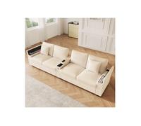 Canapé 4 Places Tissu Velours côtelé Beige, avec USB, Accoudoir central rabattable et Rangements cachés, pour Salon et Bureau