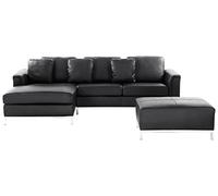 Canapé Angle à Droite en Cuir Véritable Noir et Pouf Ottoman Housses Amovibles Oslo