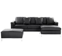 Canapé Angle à Gauche en Cuir Véritable Noir et Pouf Ottoman Housses Amovibles Oslo